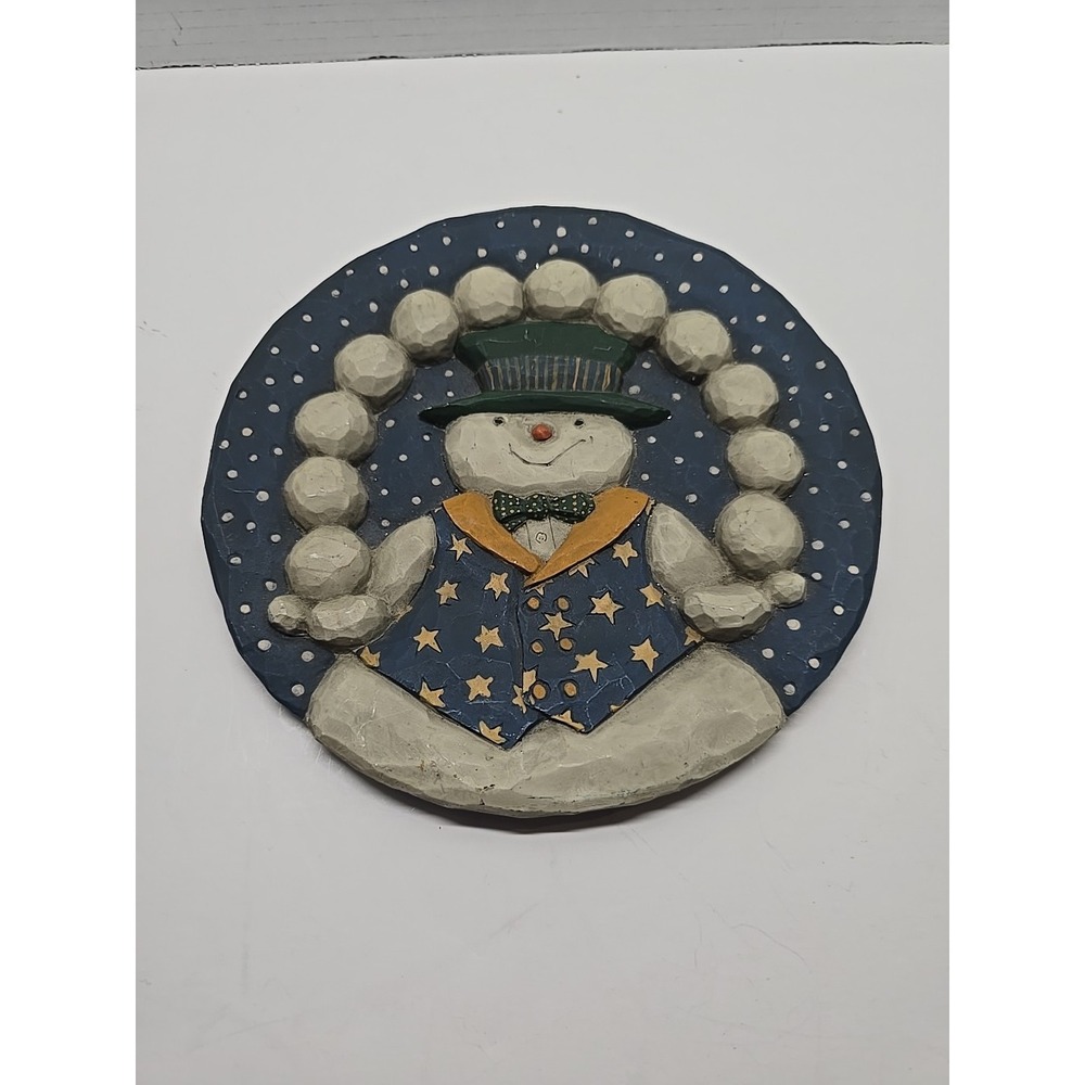 Vintage Snowman Wall Hanging Folk Art Wooden‎ Round Winter Decor